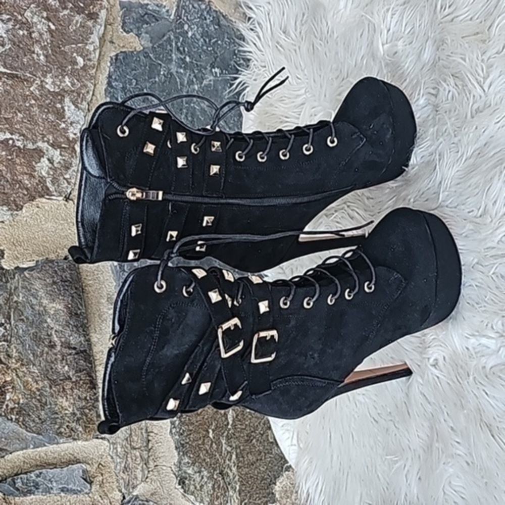 ONLYMAKER WOMEN PLATFORM MID-CALF STILETTO LACE UP PUNK RIVET HIGH HEEL BOOTS 8